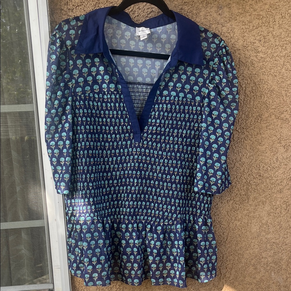 Maeve by Anthropology Blue Patterned Sheer Blouse 2x
